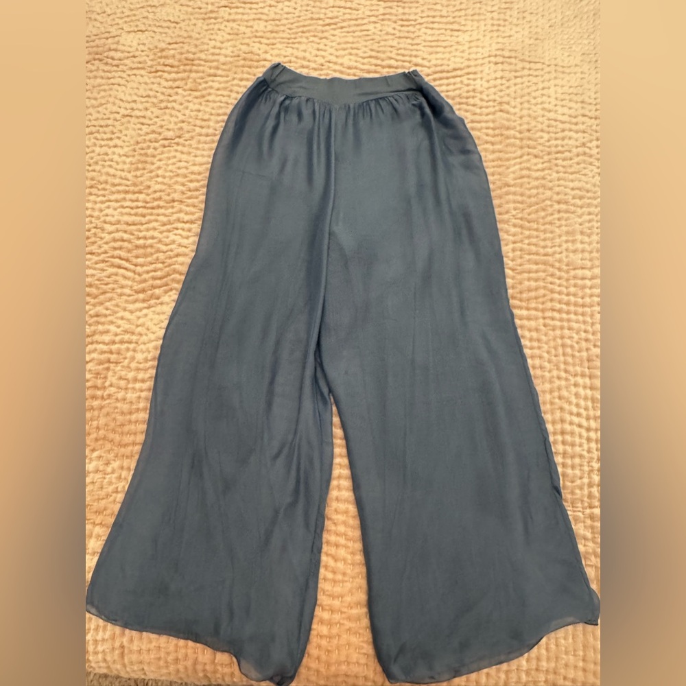 Belle France Italy Viscose/Silk Flowy Dusty Blue Wide-Leg Pants Fully Lined